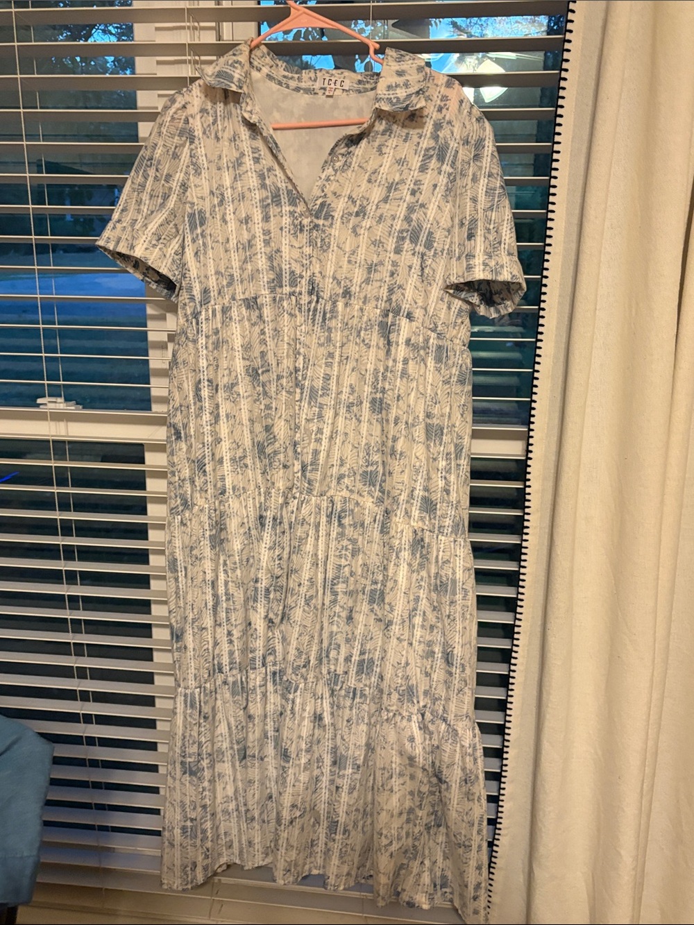 Light Blue Floral Tiered Collared Midi Dress